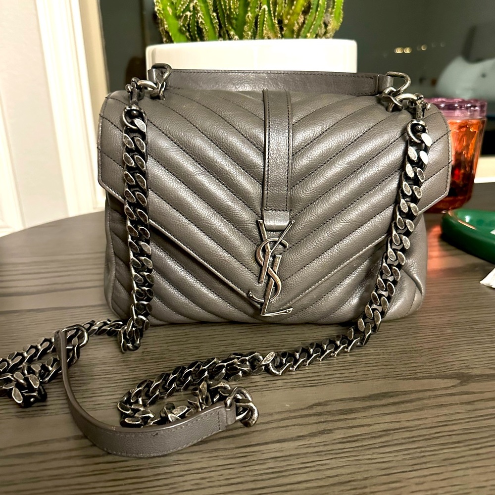 SAINT LAURENT
Sheepskin Matelasse Chevron Monogram Medium College Bag Asphalt